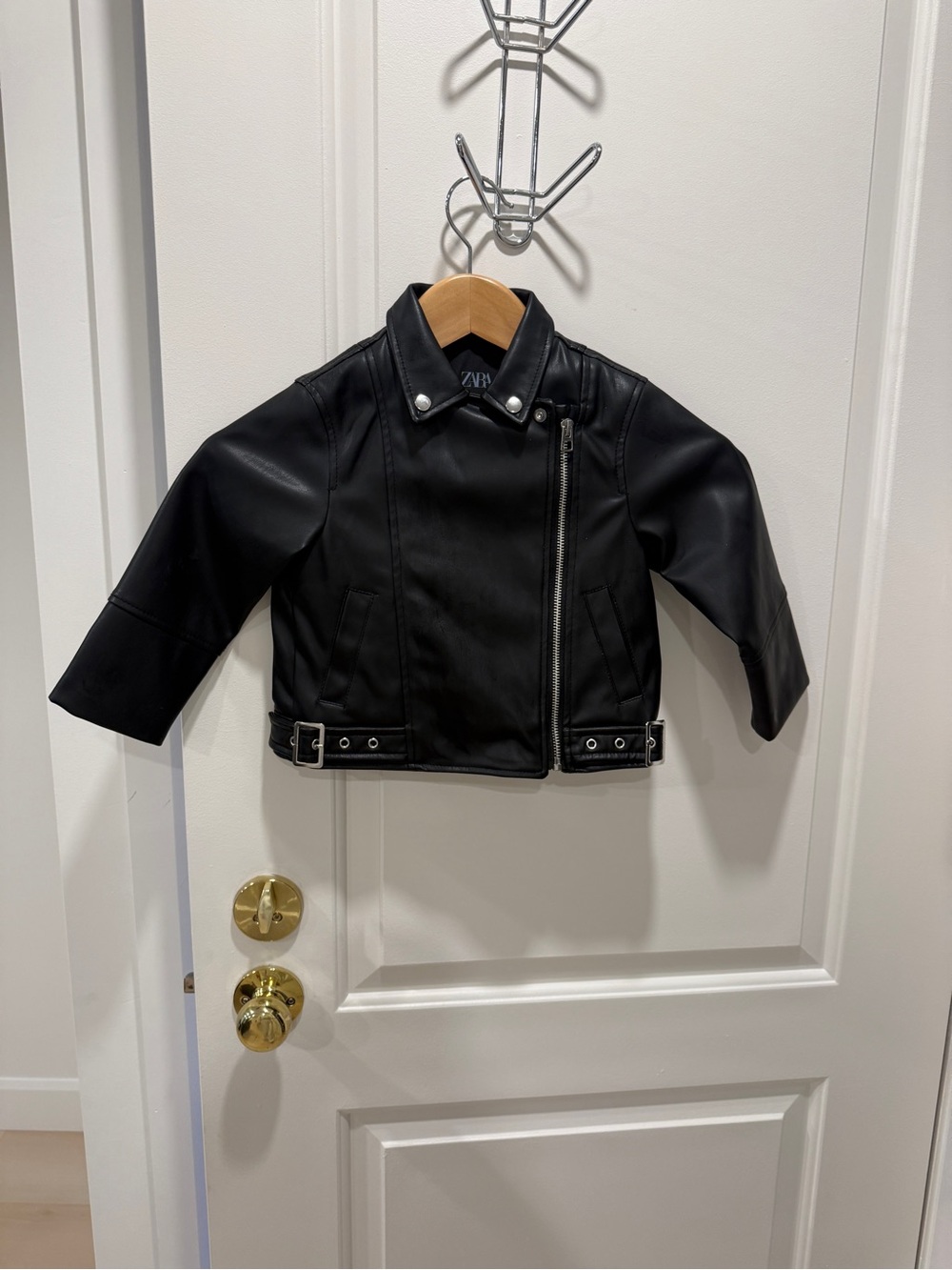 Zara Black Kids Faux Leather Moto Jacket with Belted Hem